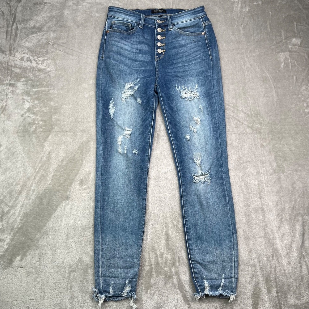 Judy Blue Jeans Women 27 Blue Skinny Distressed Stretch Exposed Button Fly Denim